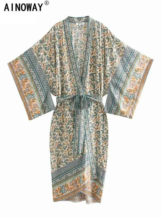 Vintage Chic Women Floral Print Batwing Sleeve Beach Bohemian Kimono Dress Ladies V Neck Summer Boho Robe Cover-ups Vestidos
