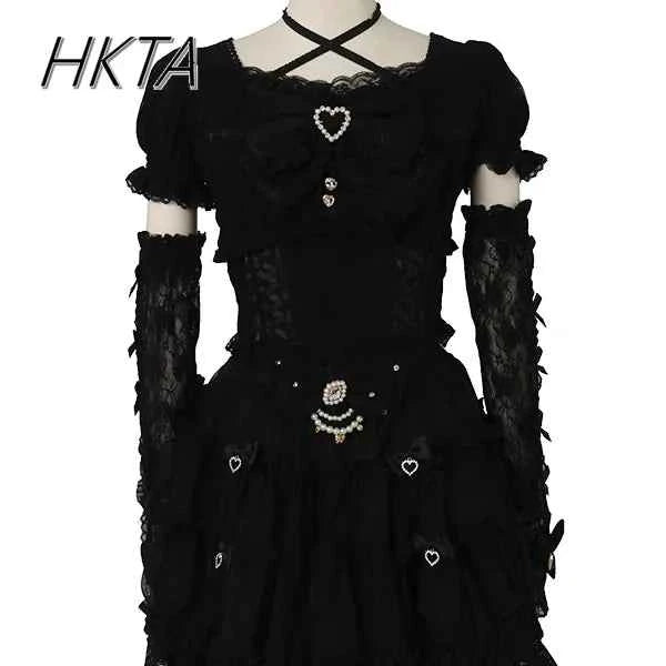 Japanese Sweet Heavy Industry Splicing Sleeve Strap Lace Bow Lace Shirt Summer Autumn New Elastic Slim Long-sleeve Tshirt Top
