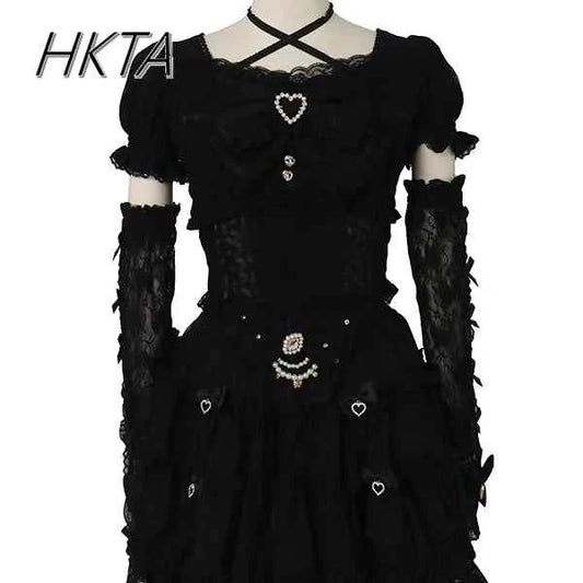 Japanese Sweet Heavy Industry Splicing Sleeve Strap Lace Bow Lace Shirt Summer Autumn New Elastic Slim Long-sleeve Tshirt Top