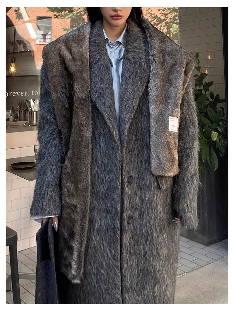 Mauroicardi Autumn Winter Oversized Extra Long Warm Thick Gray Wool & Blends Coat Women Loose Casual Fluffy Korean Fashion 2024