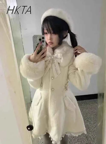Japanese Sweet Cute Bow Pink Woolen Coat Winter New Versatile Lolita Girls Lace Love Warm Long Overcoat Liz Coat Women Clothes