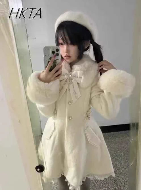Japanese Sweet Cute Bow Pink Woolen Coat Winter New Versatile Lolita Girls Lace Love Warm Long Overcoat Liz Coat Women Clothes