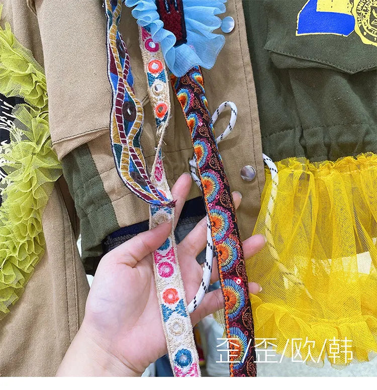 Women Floral Embroidery Sequined Trench Coats Mesh Spliced Ruffles Denim Jacket Hairballs Tassels Jeans Cardigan Streetwear Tops SS69