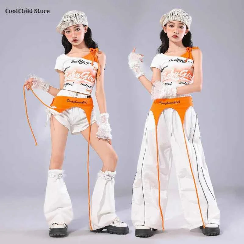 Girls K-pop Off Shoulder Crop Top Lace Cargo Pants Dance Shorts Kids Hip Hop Streetwear Children Jazz Girl Group Clothes Sets