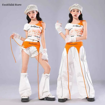 Girls K-pop Off Shoulder Crop Top Lace Cargo Pants Dance Shorts Kids Hip Hop Streetwear Children Jazz Girl Group Clothes Sets