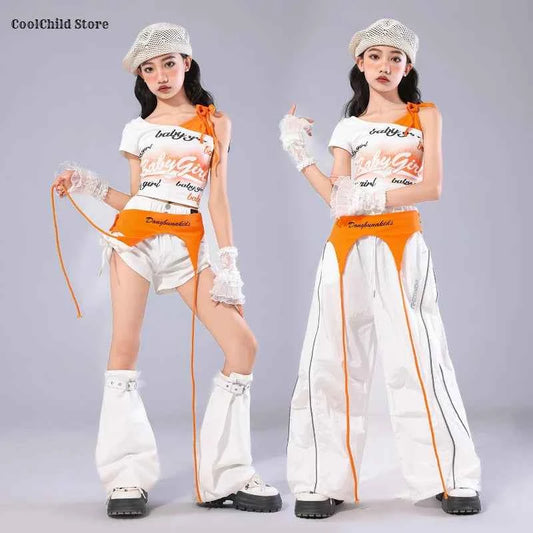 Girls K-pop Off Shoulder Crop Top Lace Cargo Pants Dance Shorts Kids Hip Hop Streetwear Children Jazz Girl Group Clothes Sets