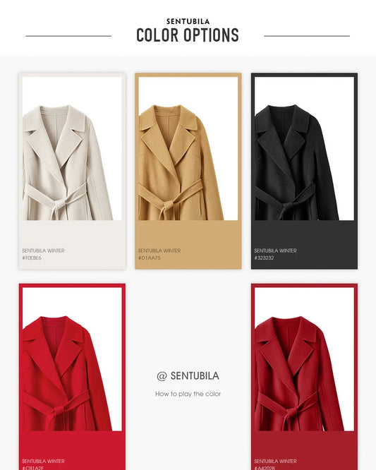 SENTUBILA Women 100% Wool Long Wrap Coat 2026 Elegant Notched Collar Belted Warm Double Faced Woolen Winter Overcoat W24O43352
