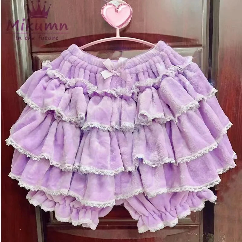 Harajuku Y2k Sweet Pink White Pumpkin Pants Lolita Autumn Winter JK Plush Shorts Japanese Kawaii Ruffles Lantern Shorts SS69 39.69 PURPLE / Waist 60-100cm