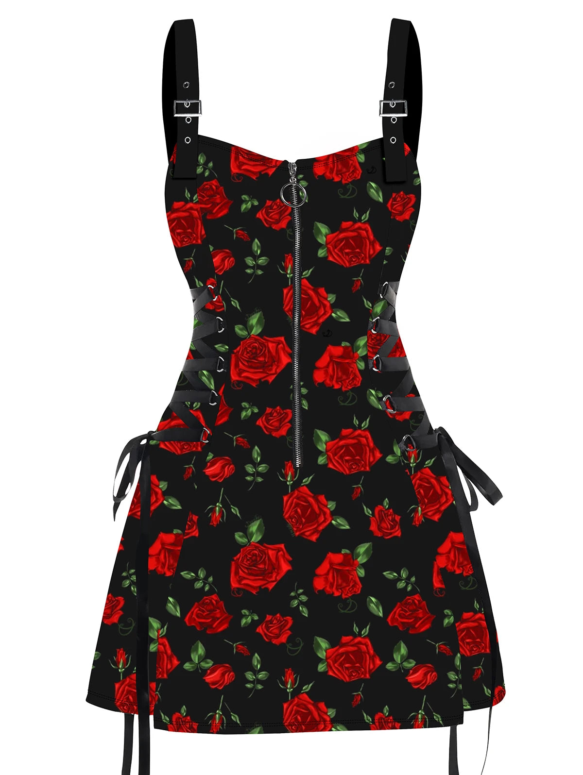 Dressfo 2025 Women's Dresses Allover Rose Print Half Zipper Lace Up Valentine's Day Mini Dress Summer Sleeveless Dress