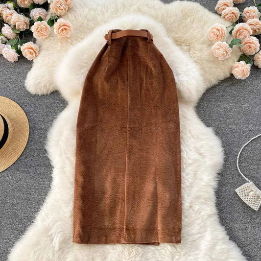 SINGREINY Women Korean Split Sexy Long Skirt 2024 Winter Corduroy Slim Thick Streetwear Fashion Vintage Autumn Bodycon Skirt
