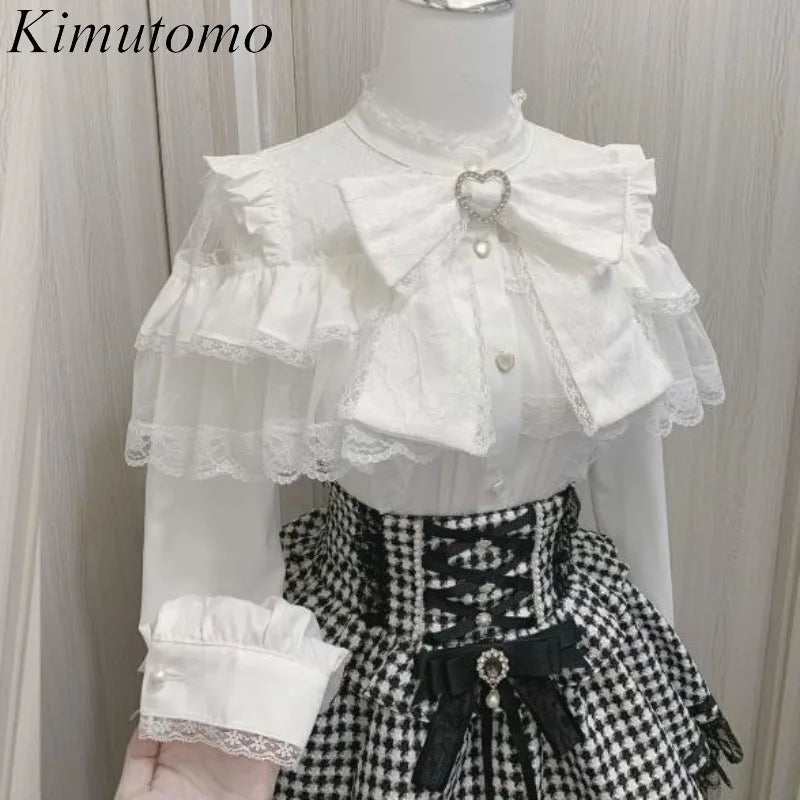 Kimutomo Lolita Style Shirts Women Bow Lace Patchwork Solid Japanese Style Y2k Sweet Blouse Spring Summer Fashion Tops Ladies SS69