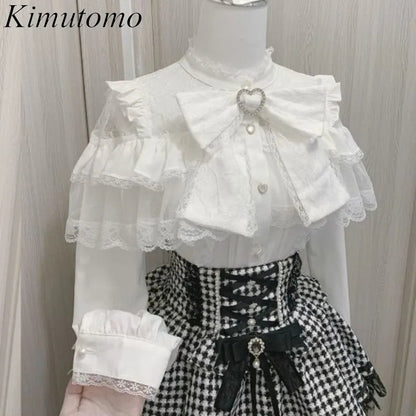 Kimutomo Lolita Style Shirts Women Bow Lace Patchwork Solid Japanese Style Y2k Sweet Blouse Spring Summer Fashion Tops Ladies SS69