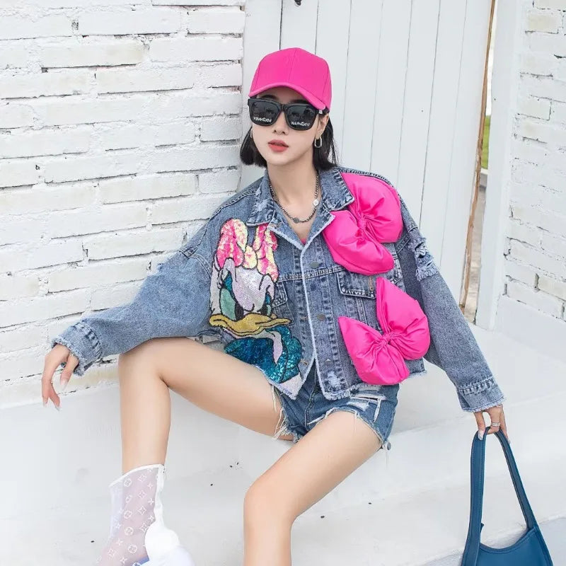 Fashion Brand Jeans Coat Women's Spring Autumn New Heavy Industry Cartoon Sequins Chaqueta High Street Loose-Fitting Denim Coats SS69