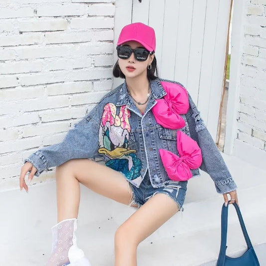 Fashion Brand Jeans Coat Women's Spring Autumn New Heavy Industry Cartoon Sequins Chaqueta High Street Loose-Fitting Denim Coats SS69