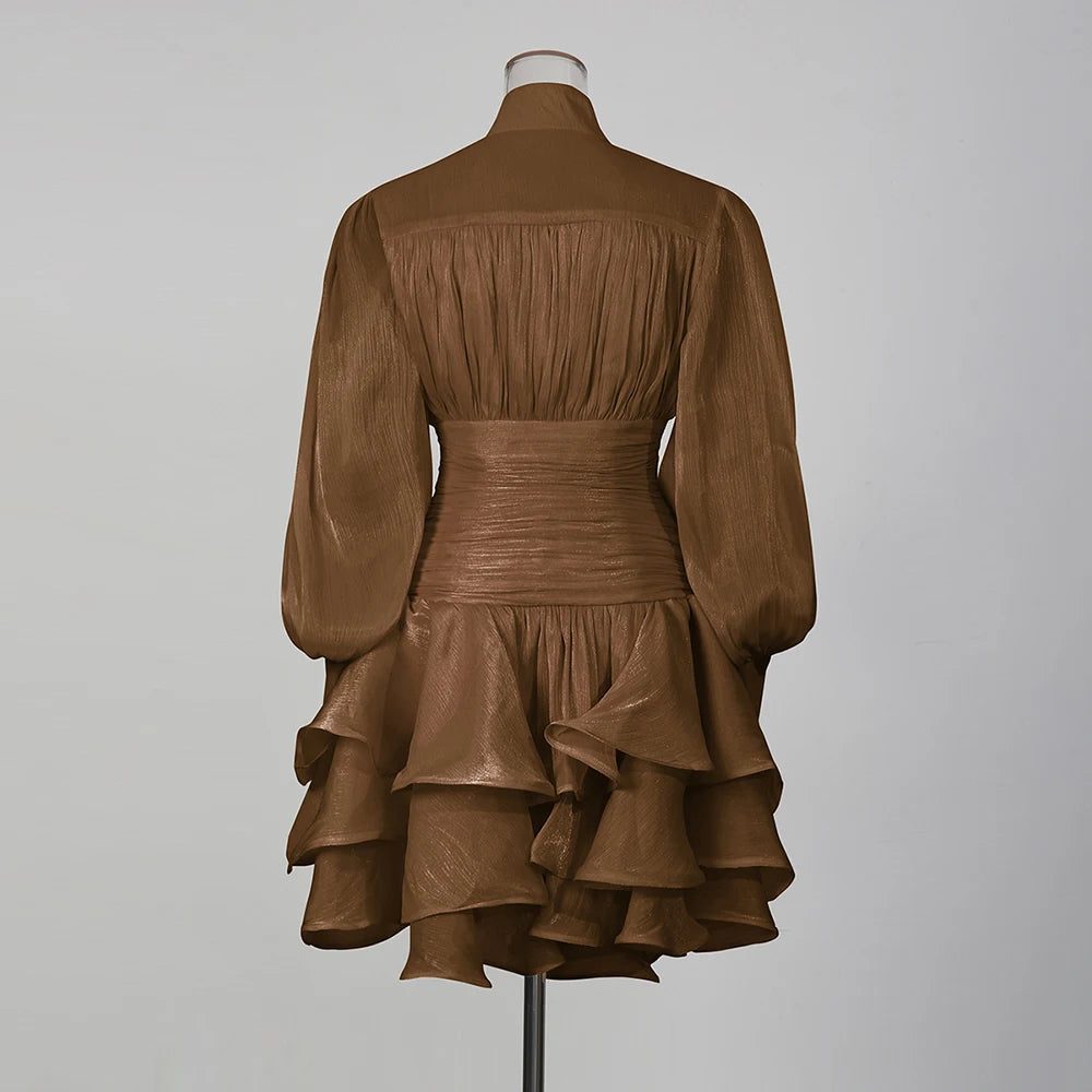 TWOTWINSTYLE Solid Spliced Ruffles Dress Female Stand Collar Long Sleeve Loose French Elegant Women's Dresses Autumn Fashion New