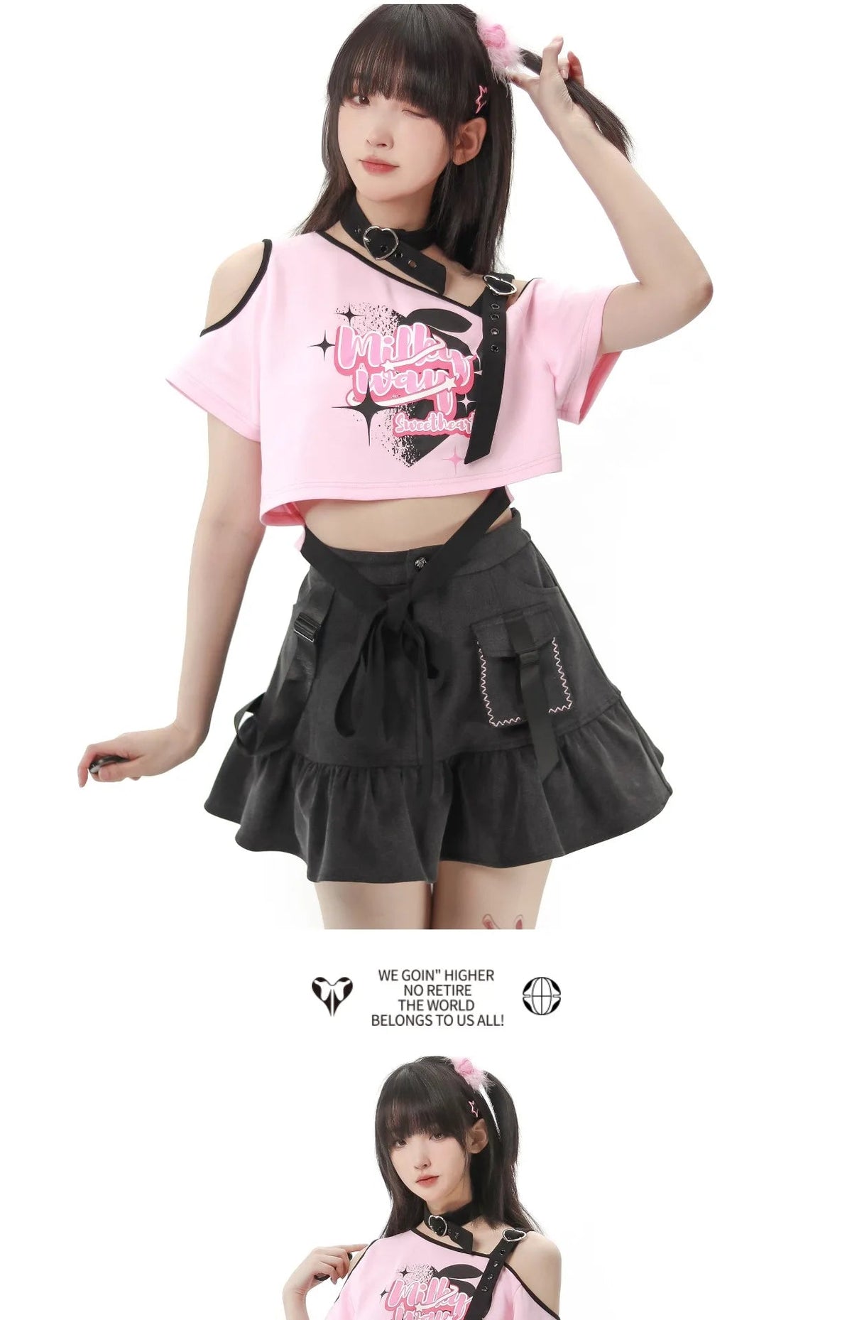 Black Pink Y2K Clothing Set Hot Girls Strapless Strap Short Sleeve T-shirt Slimming Jeans Long Pants Female 4 Piece Set Outfits SS69