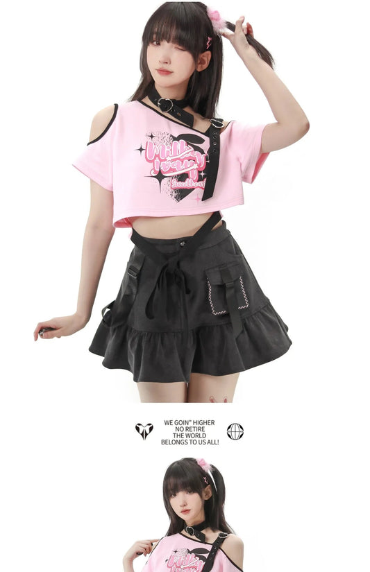 Black Pink Y2K Clothing Set Hot Girls Strapless Strap Short Sleeve T-shirt Slimming Jeans Long Pants Female 4 Piece Set Outfits SS69