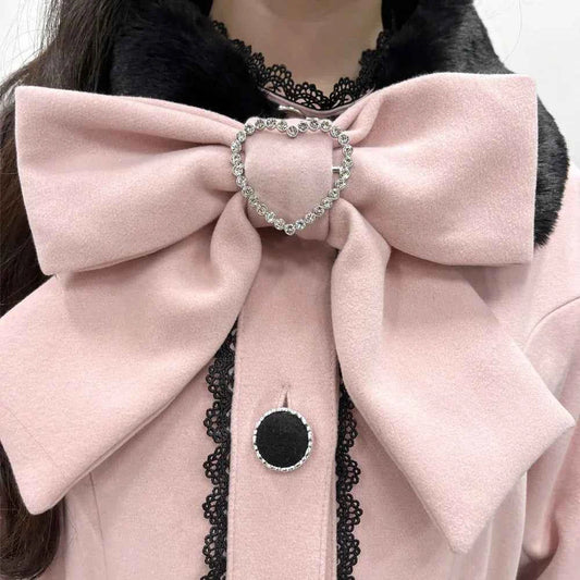 Japanese Sweet Winter Woolen Coat Lolita Style Cute Big Bow Fungus Edge Long Sleeve Slim Kawaii Girls Women Elegant Overcoat