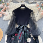 SINGREINY Senior Knitted Patchwork Dress Long Lantern Sleeves Bow Mesh Embroidery Floral Women Autumn France Elegant Party Dress