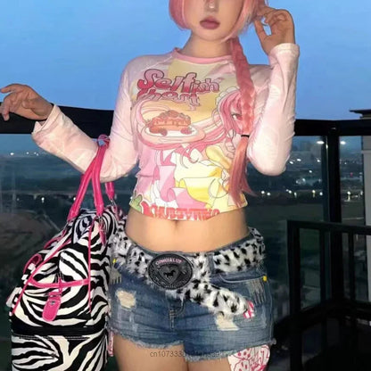 Subcultural Spicy Girl Clothes Cute Bottom Tee Shirt Y2k Harajuku Anime Slim Long Sleeve T-shirts Women Cartoon Pink Crop Tops SS69