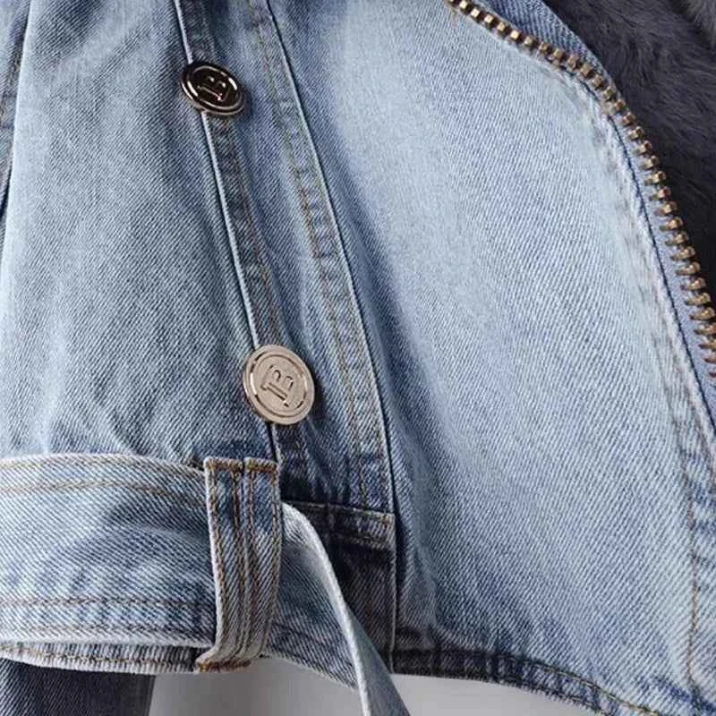 Women Faux Fox Fur Collar Jean Coat Winter Denim Jacket Female Short Warm Parkas Rabbit Hair Lining Outwear Fashion Overcoat