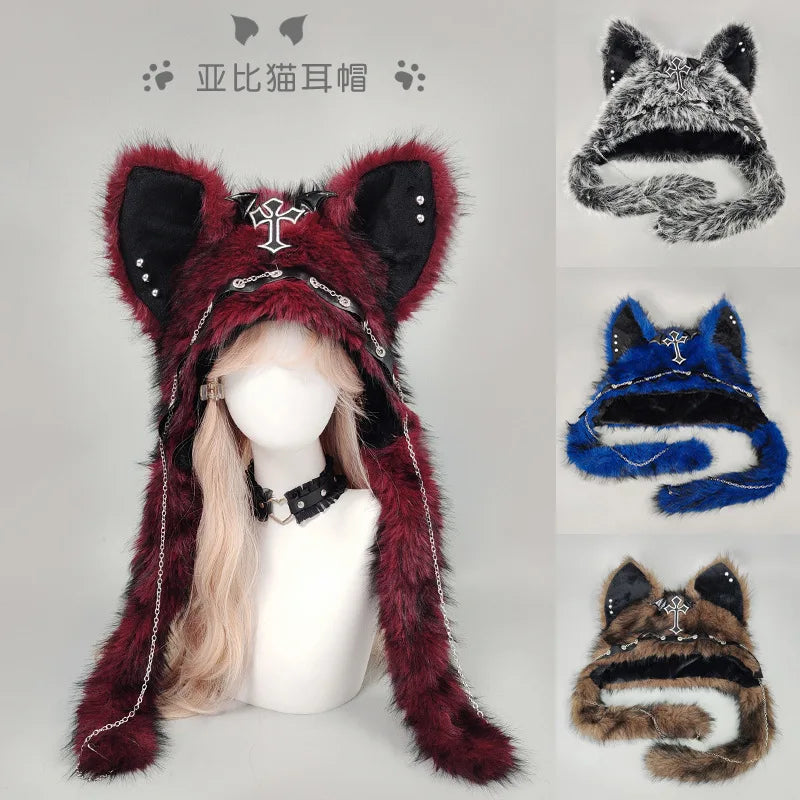 Cat Ear Hat, Punk Style Rock Autumn and Winter Warm Hat, Dark Gothic Style Winter Plush Hat