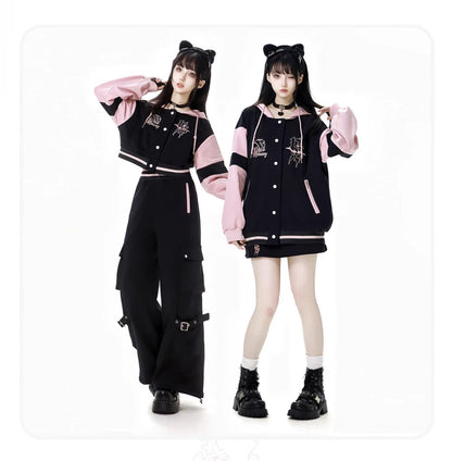Sweet Cool Embroidery Pink Black Hoodies Baseball Slim Zipper Women Sweatshirt Jacket Loose Casual Trousers Sweet Mini Skirt Set SS69