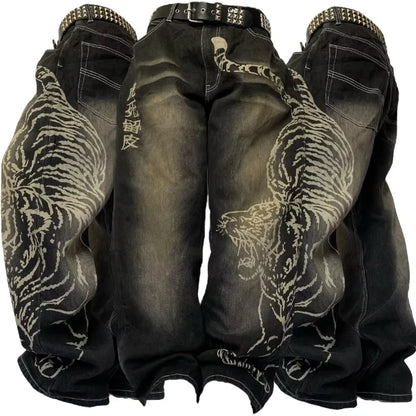 Vintage Low Waist Hip Hop Cherry Blossom Embroidered Jeans Wide Leg Trousers Y2K Clothes Mens Womes Embroidered Baggy Jeans
