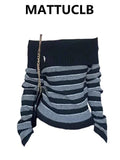2025 Autumn Winter Women Long Sleeve Slash Neck Striped Cuddly Sweater Knitwear 2000s Jumper Gyaru Coquette Korean Fashion New
