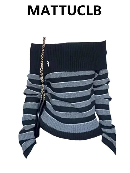 2025 Autumn Winter Women Long Sleeve Slash Neck Striped Cuddly Sweater Knitwear 2000s Jumper Gyaru Coquette Korean Fashion New