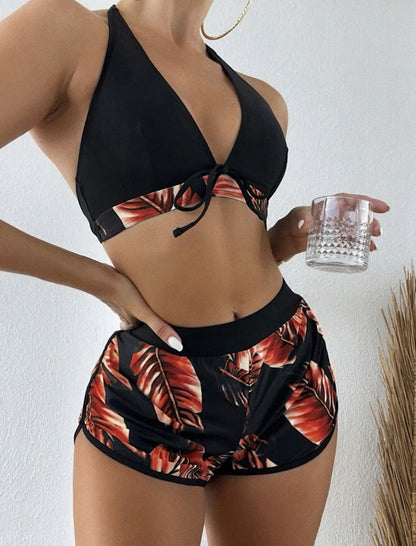 Women 2024 New Bikinis 6 Colors Sexy Halter Bikini 3 Piece Set Leafs Print High Waisted Swimsuit Beach Bathing Suit Size S-XXL SS69 14.69 YH953E5 / M