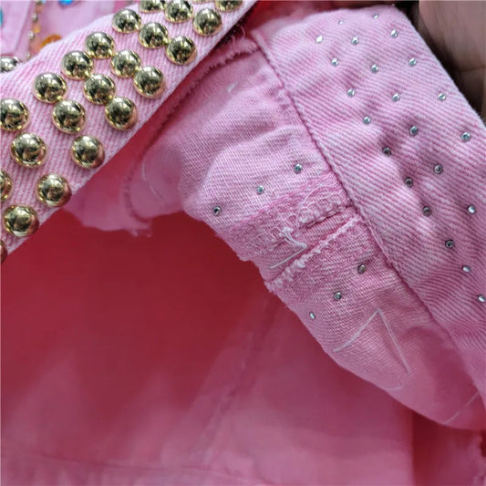 Women Rainbow Diamonds Beaded Pink Denim Coat Loose Rhinestones Jeans Jacket Long Sleeve Crystal Cowboy Cardigan Rivets Tops SS69