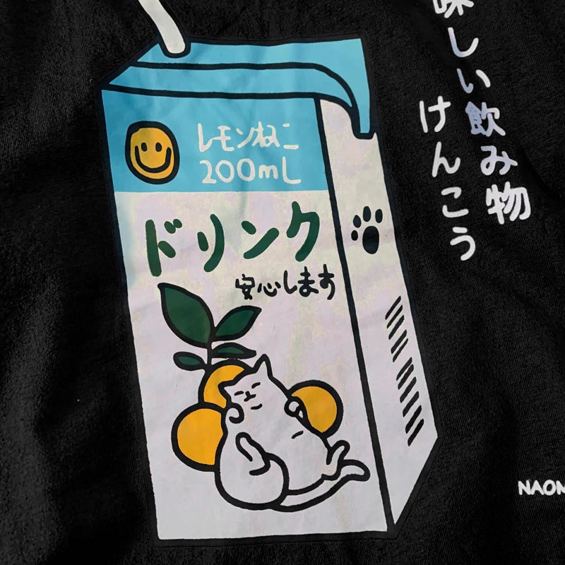 Cute Japanese Cat Print Oversized T-shirt Women Men Short Sleeve Loose Casual Tee Shirt Streetwear Tops Cotton Harajuku Clothing SS69