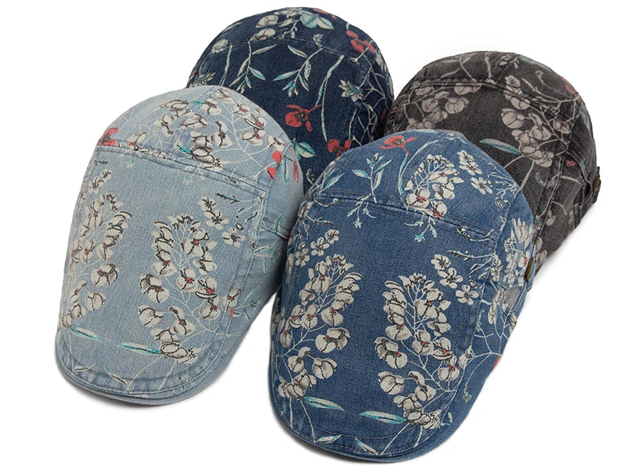 Vintage Floral Print Cotton Beret Hat - Adjustable Newsboy Cap