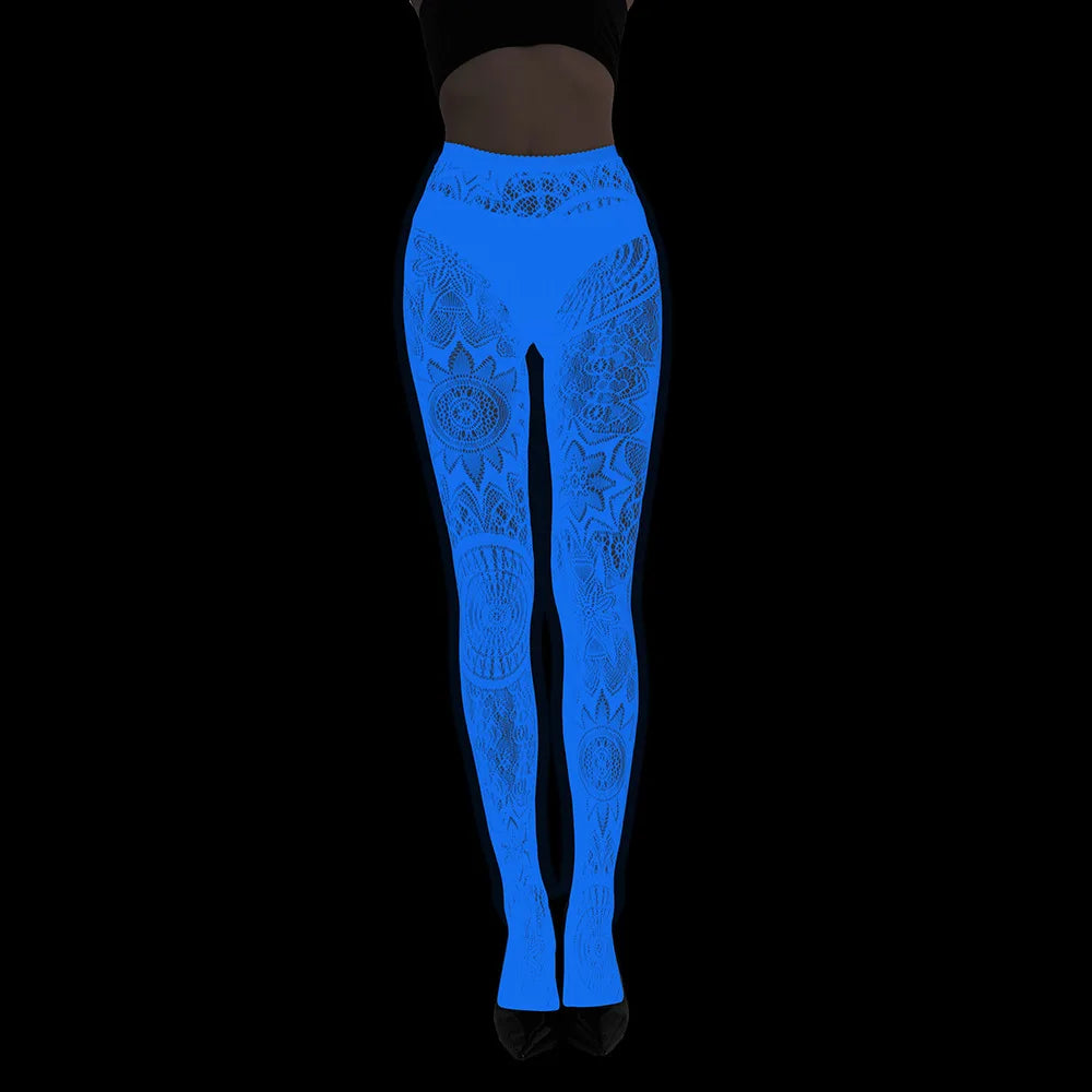 Women Glow in The Dark Fishnet Tight Rose Pattern Fishnet Tights Luminous Fishnet Halloween Party Festive Dress Up SS69