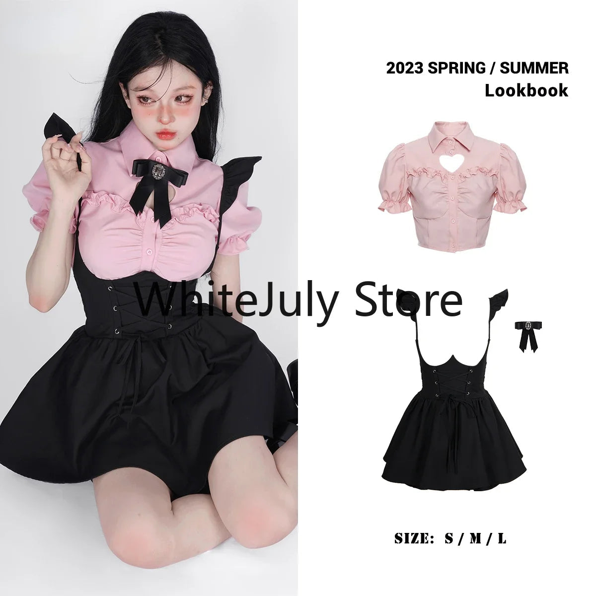 Summer Kawaii Clothing Pink Y2k Crop Tops Blouse + Black Mini Dress Two Piece Set for Women Casual Bodycon Korean Suit Chic SS69