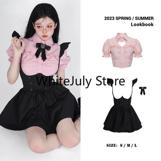 Summer Kawaii Clothing Pink Y2k Crop Tops Blouse + Black Mini Dress Two Piece Set for Women Casual Bodycon Korean Suit Chic SS69