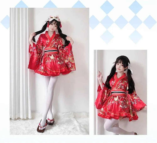 Japanese Kimono Yukata Robes Kawaii Girls Floral Printed Haori Suit Lovely Lolita Dress For Women Maid Cosplay Costume Halloween