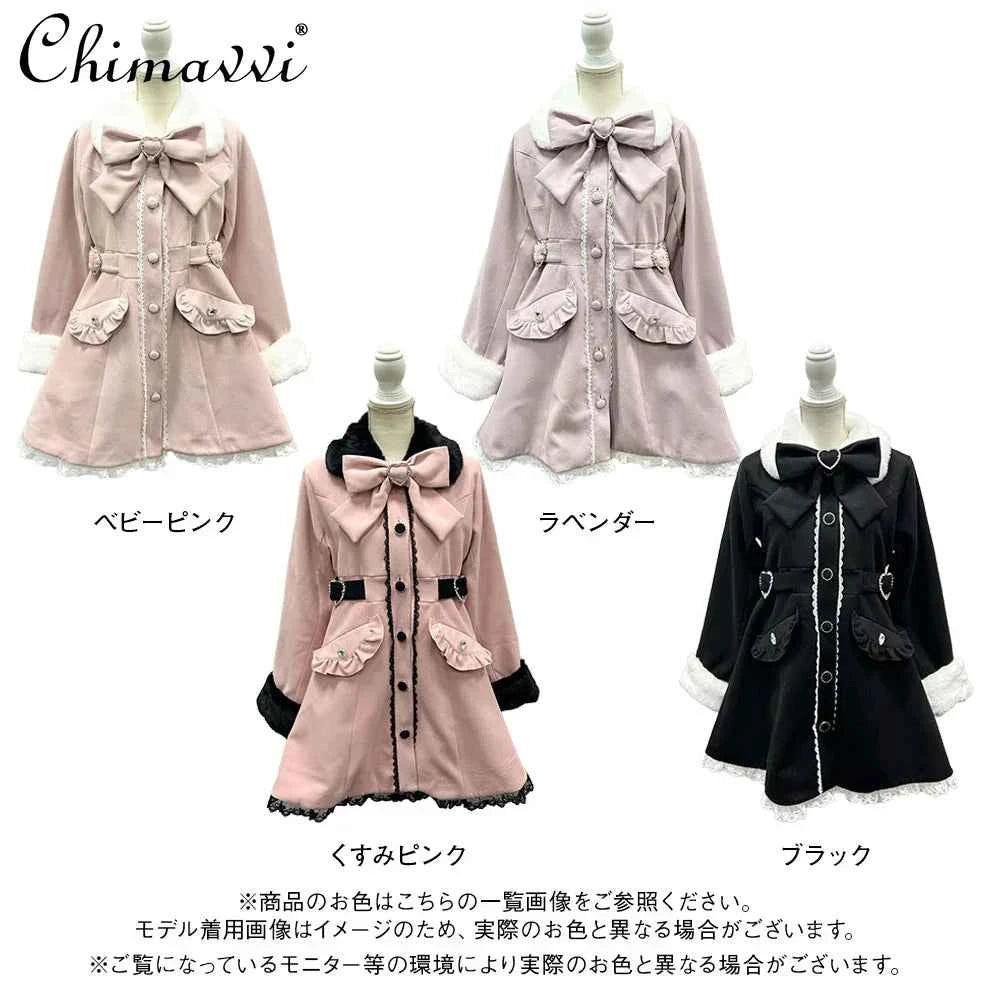 Japanese Sweet Winter Woolen Coat Lolita Style Cute Big Bow Fungus Edge Long Sleeve Slim Kawaii Girls Women Elegant Overcoat