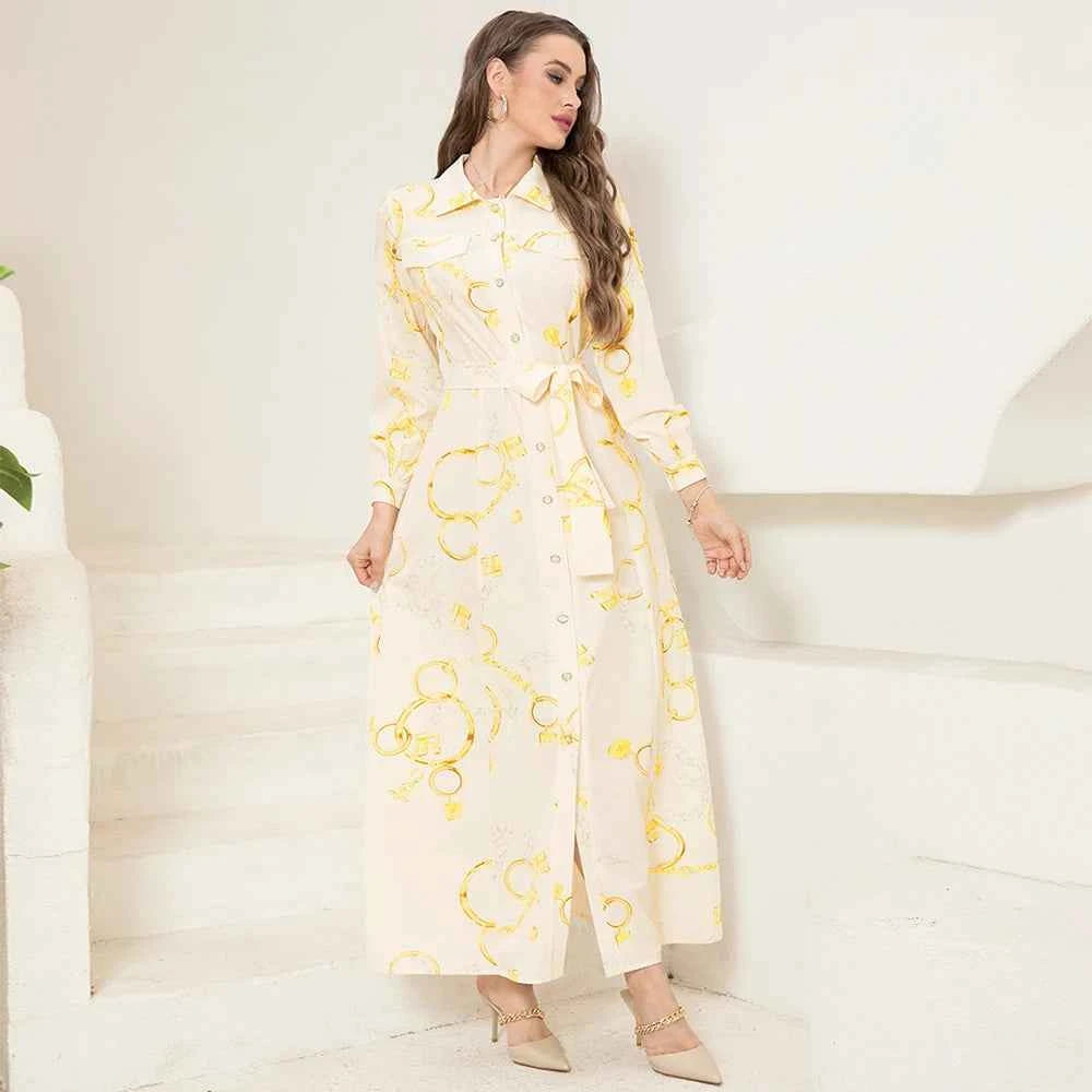 Elegant Long Shirt-Sleeve Dress with Chain Print Design, Belt & Pocket - Sophisticated Collared Neck, Button Details