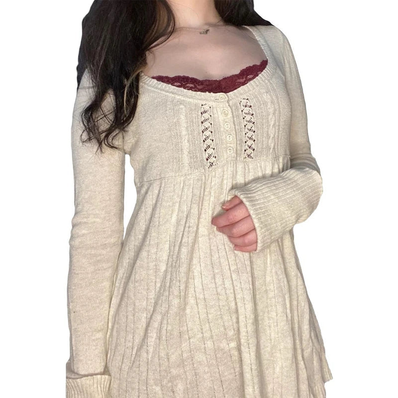 2000s Vintage Long Sleeve Babydoll Knitted Sweater Tops Cottage Milkmaid Pullovers Aesthetic Grunge Y2k Knitwear T-shirts Women SS69