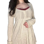 2000s Vintage Long Sleeve Babydoll Knitted Sweater Tops Cottage Milkmaid Pullovers Aesthetic Grunge Y2k Knitwear T-shirts Women SS69