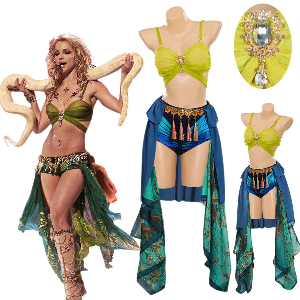 Britney Spears Slave Costume Blue Stage Performance Dance Sexy Dress Bra Shorts Skirts Suit Women Halloween Carnival Party Suit SS69