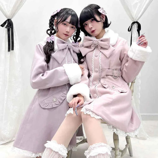 Japanese Sweet Winter Woolen Coat Lolita Style Cute Big Bow Fungus Edge Long Sleeve Slim Kawaii Girls Women Elegant Overcoat