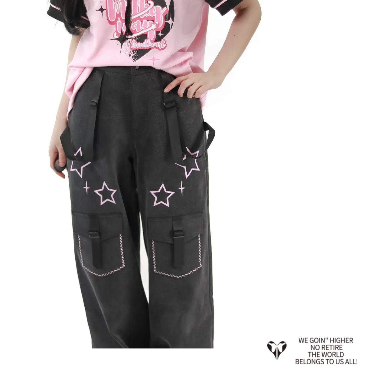 Black Pink Y2K Clothing Set Hot Girls Strapless Strap Short Sleeve T-shirt Slimming Jeans Long Pants Female 4 Piece Set Outfits SS69