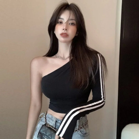 2025 Ropa Mujer Sexy Tshirts Women Off Shoulder Long Sleeve Tunic Black Tees Chic Casual T Shirt Summer Harajuku Y2k Crop Tops SS69