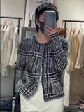 Houndstooth Plaid Fringed Cashmere Sweater for Women, Small Knitted Wool Cardigan, Loose Plaid Coat
