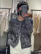 Houndstooth Plaid Fringed Cashmere Sweater for Women, Small Knitted Wool Cardigan, Loose Plaid Coat