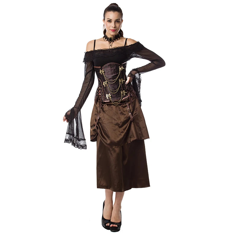 Brown Floral Steampunk Underbust Corset - Steel Boned Waist Trainer