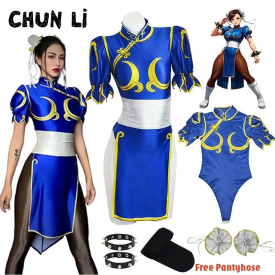 Women's Street Fighter Chun Li Cosplay Costume Game Fighter Chunli Blue Cheongsam with Headdress and Waistband Halloween Costume